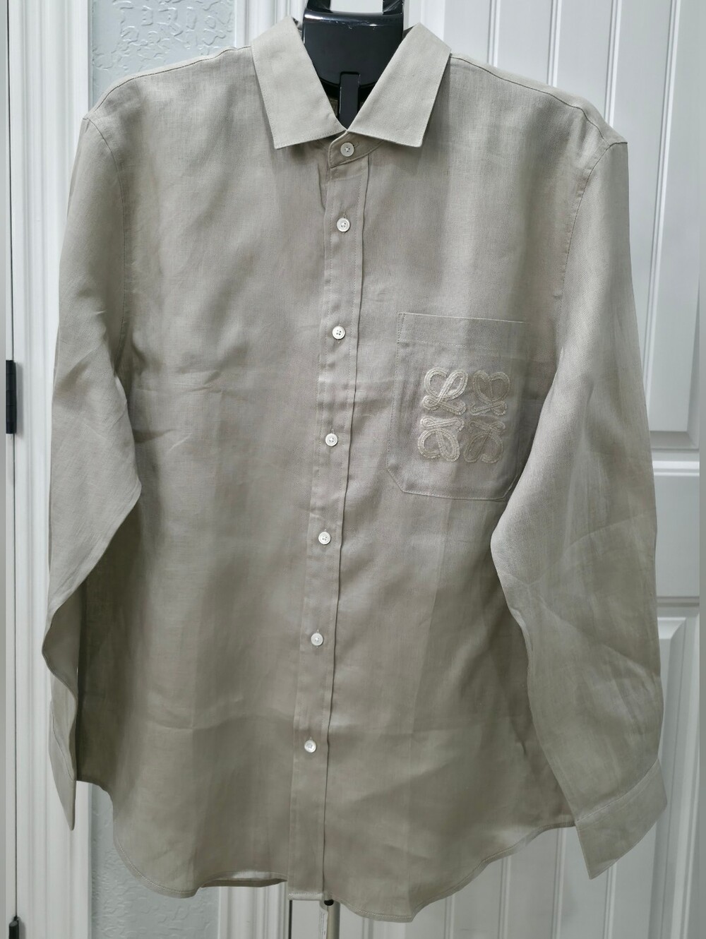 Loewe Light Beige Linen Button-Down Shirt with Embroidered Pocket